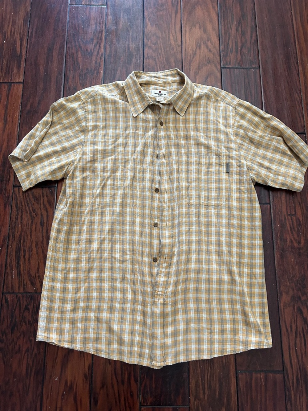 Woolrich Men Cotton 100% Yellow Plaid Button Down Short Sleeve Sz Large